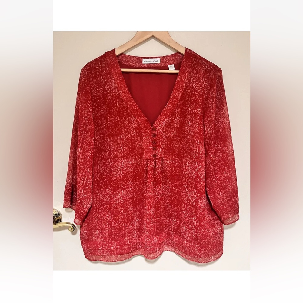 Coldwater Creek Red Baroque Print 3/4 Sleeve Shirt XL 18
